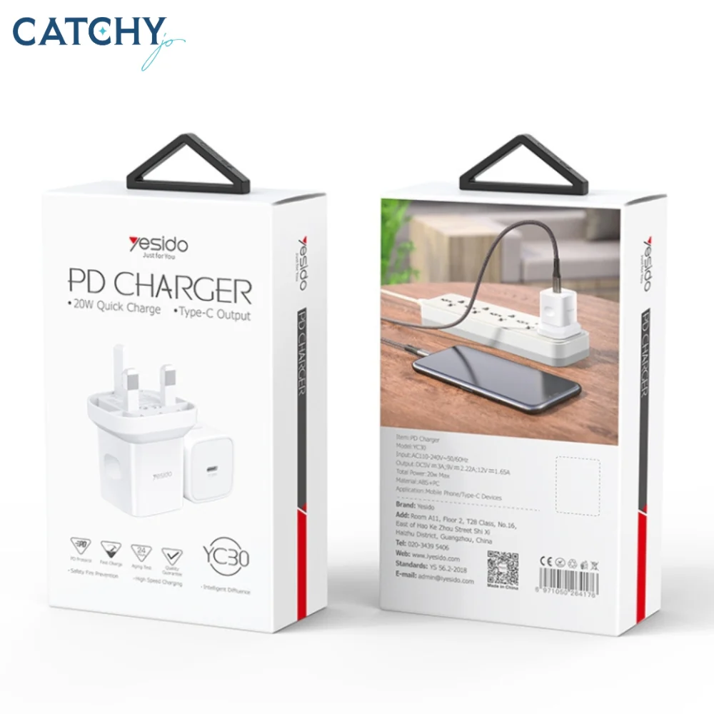 YESIDO YC30 White EU/UK Plug PD 20W Type-C Fast Charging Adapter Charger For Mobile Phone