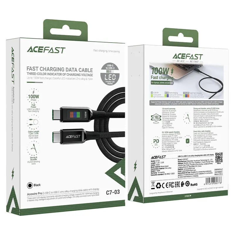 Acefast C7-03 USB-C USB-C 100W 1.2m cable with display