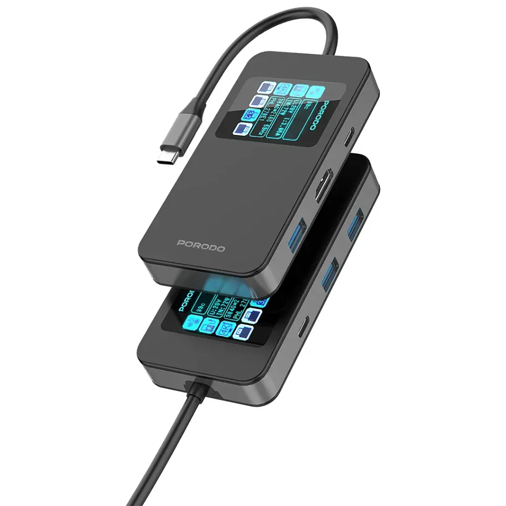 [PDTC630GY] Porodo 6-In-1 Multi-Port USB-C Hub with Smart Digital Display - Gray.webp