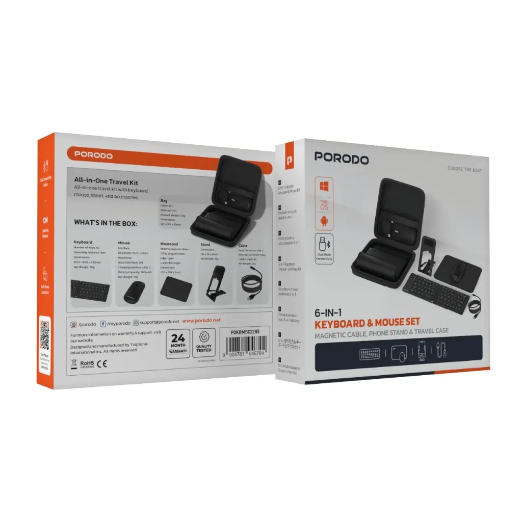 Porodo 6-In-1 Keyboard & Mouse Set Magnetic Cable, Phone Stand & Travel Case - Image 3.webp