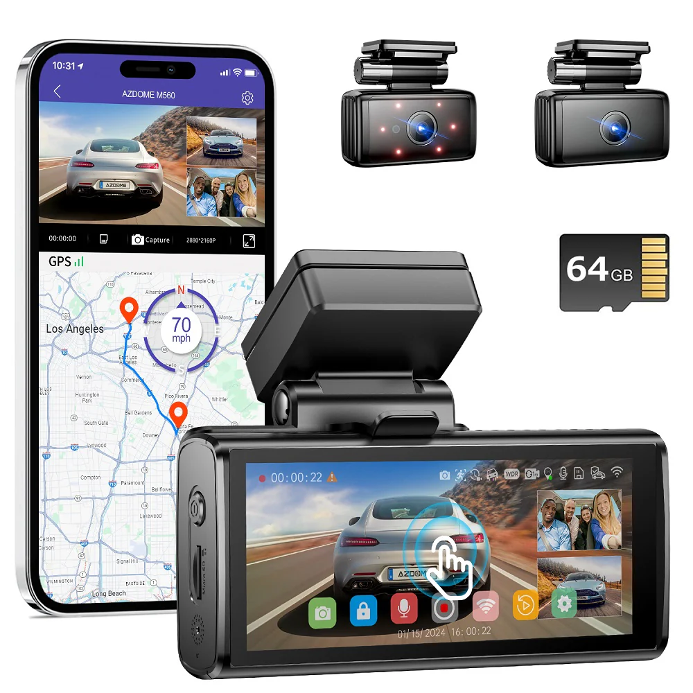 AZDOME M580 3CH Dash Cam 5K with 4" Touch Screen IR Night Vision 24H Parking Mode(داش كام)