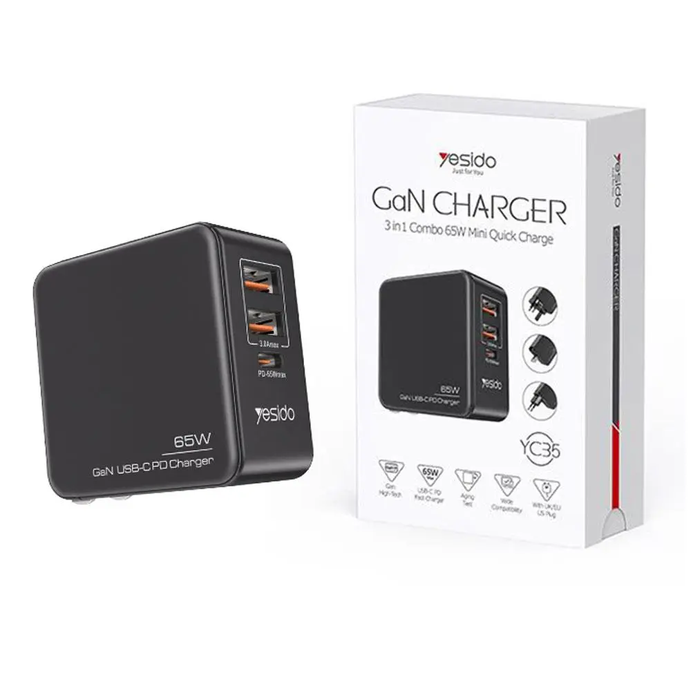 YESIDO YC35 Max 65W Mobiili lisaseade Combo Yesido GaN 3in1 65W Quick Charge with EU/UK/US plug 
