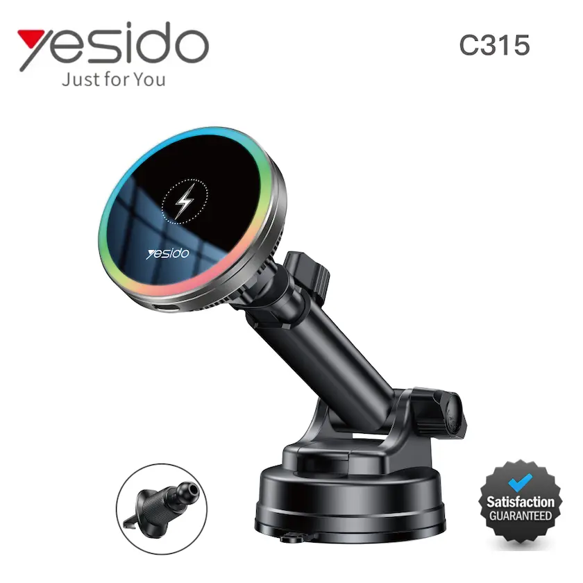 Yesido C315 15W Suction Cup Air Vent Car Wireless Charging Holder with RGB Lighting