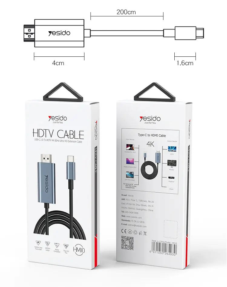 Yesido USB-C 2.0 To HDMI 4K 60Hz Ultra HD Extension Cable HM10