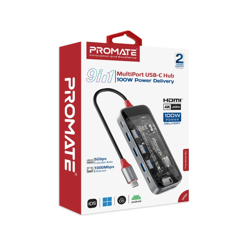 Promate 11-in-1 TransHub-Pro Ultra-Fast Multiport USB-C Hub with 100W Power Delivery