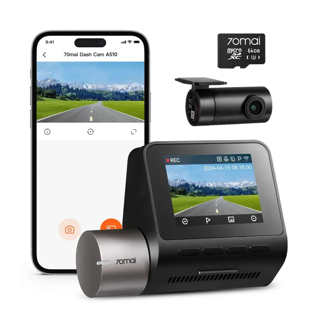 70mai A510 Dash Cam Set (Front + Rear Camera, 3K, GPS, Wi‑Fi, 2" LCD, Black)
