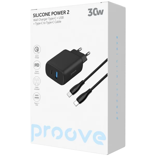 Proove Wall Charger Sillicon Power 2  30W  (Type-C + USB) + CABLE Type-C TO Type-C 1M (شاحنة)