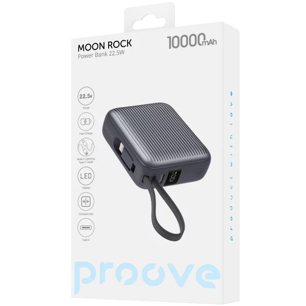 Proove Power Bank Moon Rock 22.5W 10000mAh With Integrated Charging Cables Type-C/Lightning gray(شاحن طوارئ)
