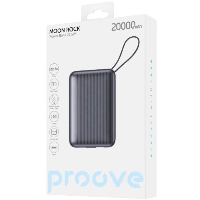 Proove Power Bank Moon Rock 22.5W 20000mAh With Integrated Charging Cables Type-C/Lightning gray(شاحن طوارئ) 