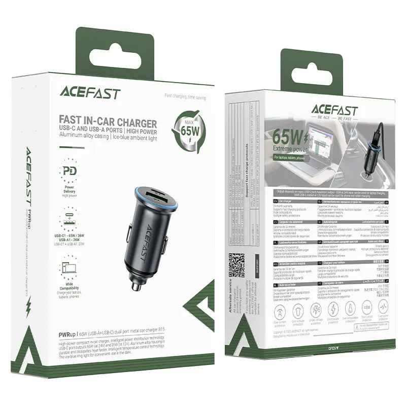 AceFast B15 65W USB-A+USB-C Dual Port Metal Car Charger