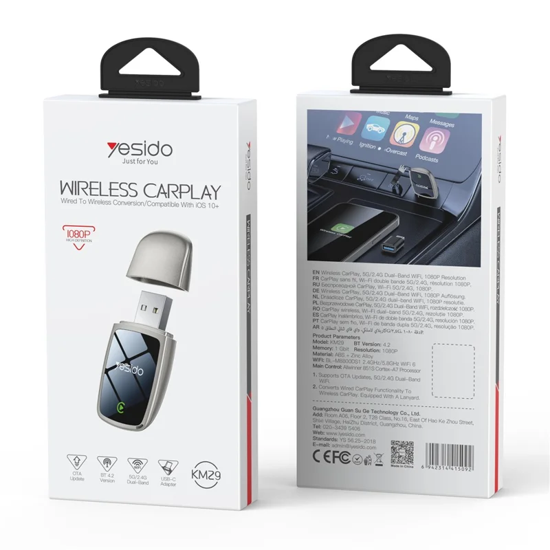 YESIDO KM29 Wireless CarPlay Adapter For Car Stereo 5G  2.4G Dual Band WiFi OTA Upgradable