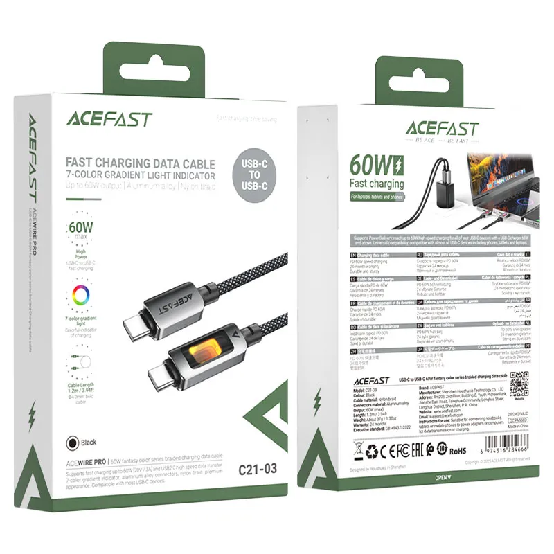 [C21-03] ACEFAST USB Type-C To USB Type-C 60W 7-Color Gradient Light Indicator 1.2M Cable C21-03