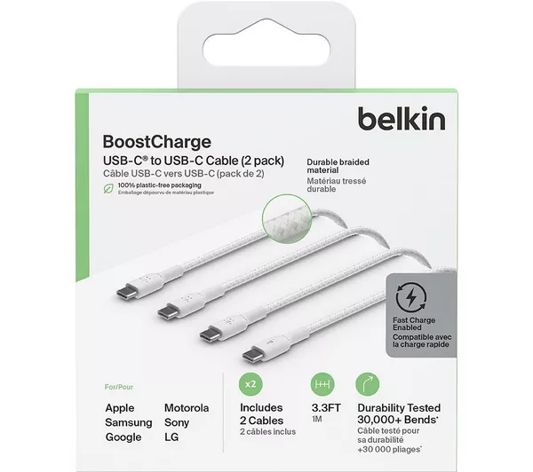 [NQ366] BELKIN Braided to USB Type-C Cable - 1 m, White, Pack of 2
