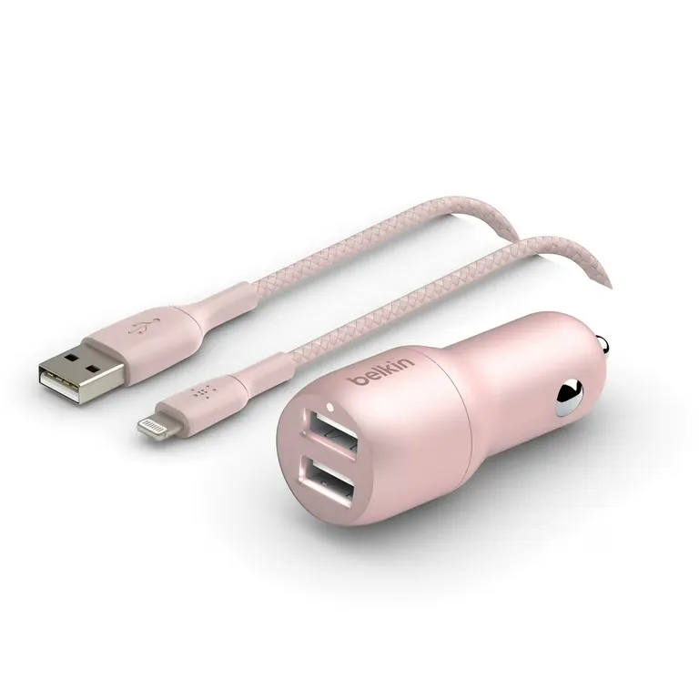 Dual- port 2Usb-A Car Charger 24w-5 ft Lightning to Usb-A Cable