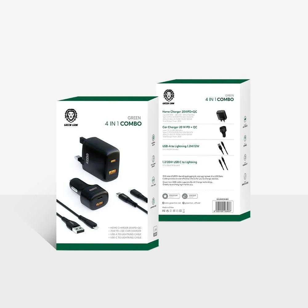 GREEN 4 IN 1 COMBO FAST CHARGING CAR CHARGER WITH MULTI-PORT WALL CHARGER & DATA CABLE 20W