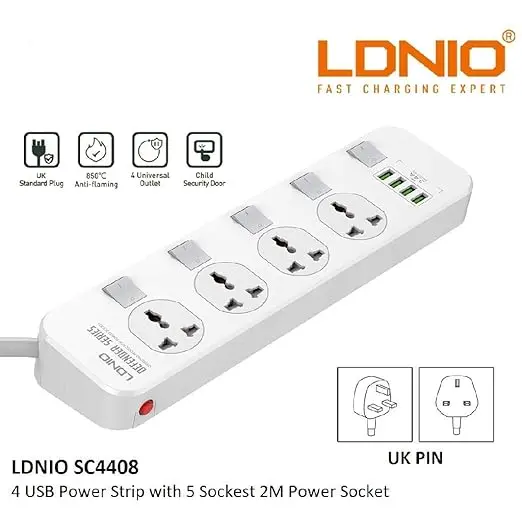 LDNIO SC4408 DEFENDER SERIES – 4 Power Socket 4 USB 3.4A
