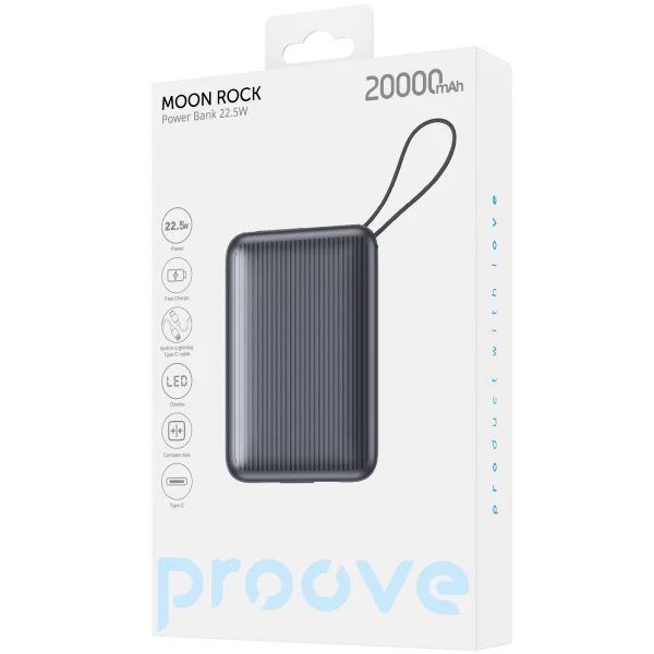 Proove Power Bank Moon Rock 22.5W 20000mAh With Integrated Charging Cables Type-C/Lightning gray(شاحن طوارئ)