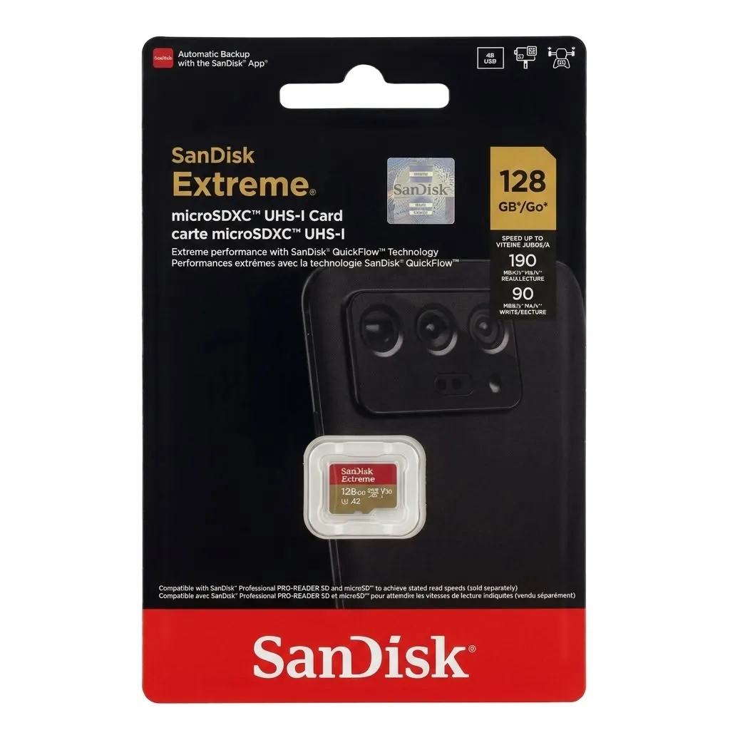 SanDisk 128GB Extreme microSD UHS I Card for 4K Video on Smartphones, Action Cams & Drones 190MB/s Read, 90MB/s