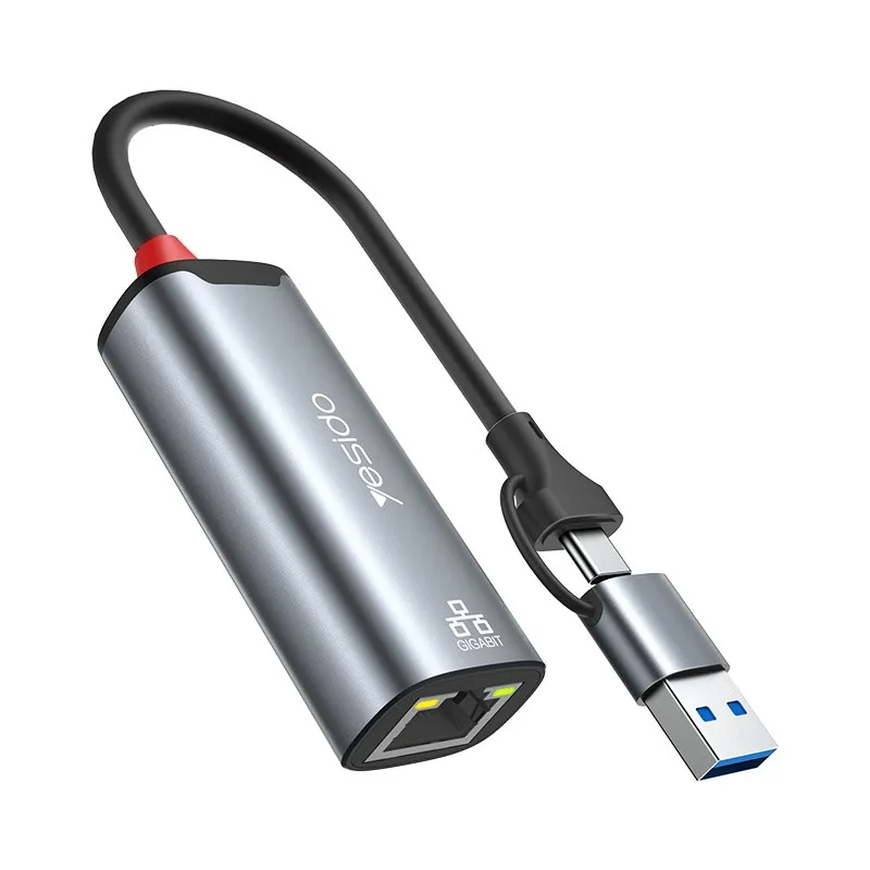 YESIDO HB26 Aluminum Alloy 1000Mbps Wired High-speed Transmission TC/USB 2in1 Gigabit Ethernet Converter