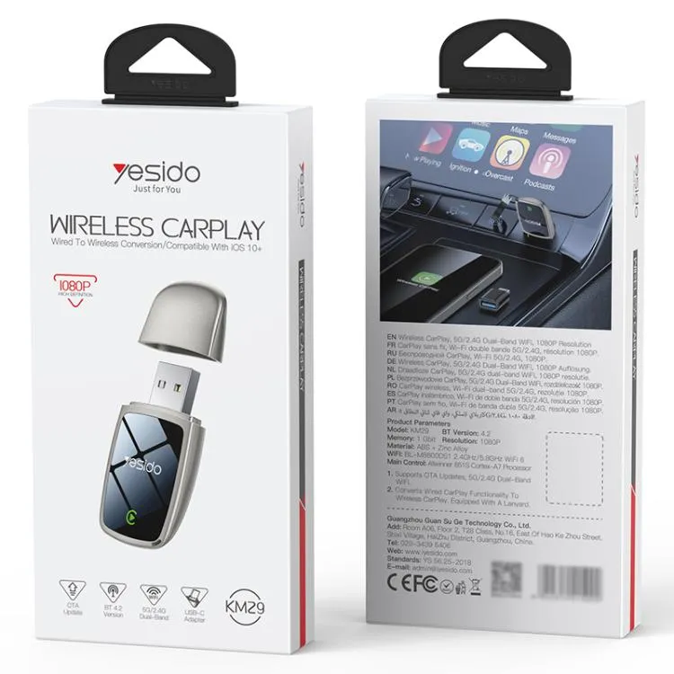 YESIDO KM29 Wireless CarPlay Adapter For Car Stereo 5G  2.4G Dual Band WiFi OTA Upgradable