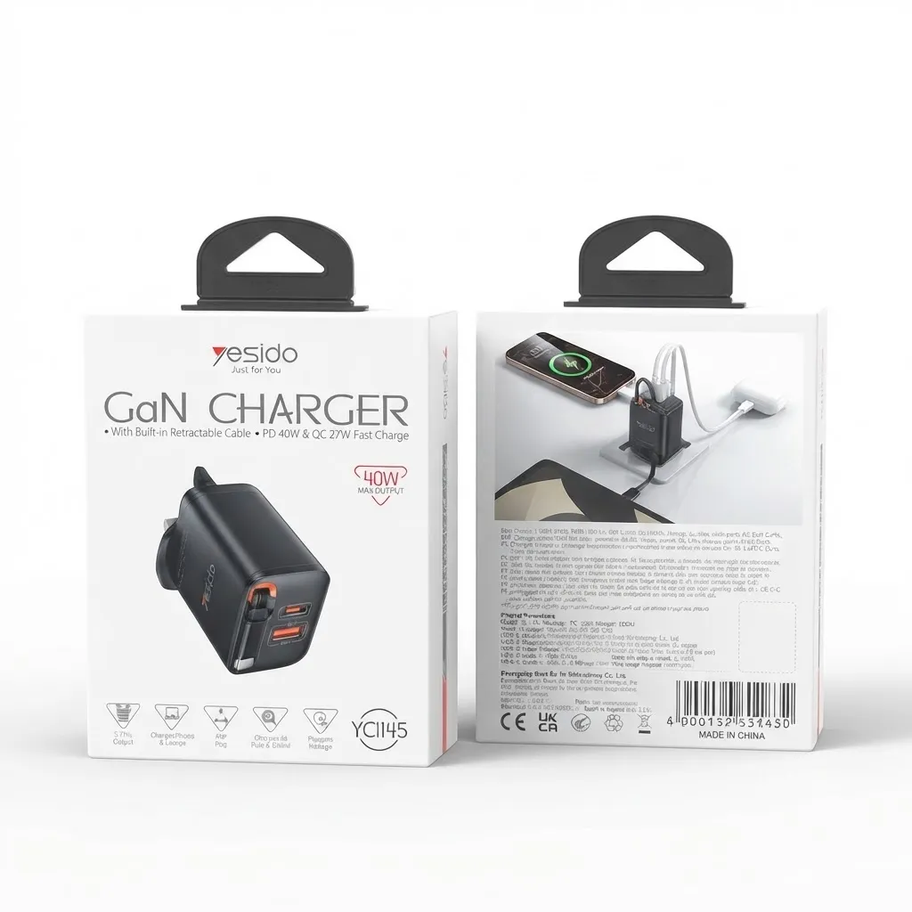 YESIDO YC145 UK Plug 40W Fast Charger with Retractable Type C Cable USB A + USB C Dual Ports GaN Charging Adapter