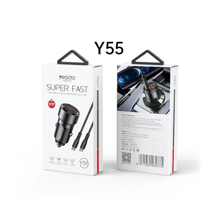 Yesido Y55 60W Fast Charging Car Charger | With TC to TC cable car cigarette lighting port charger adapter