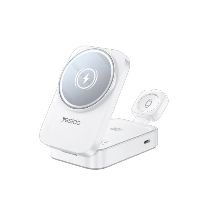 YESIDO DS27 15W Wireless Fast Charging Multiple Protections Foldable Design 3-in-1 Desktop Wireless Charger (white)