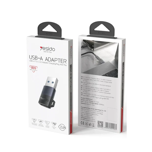 Yesido USB-A Adapter USB-A Male TO USB-C Famale 2.0 18W GS34