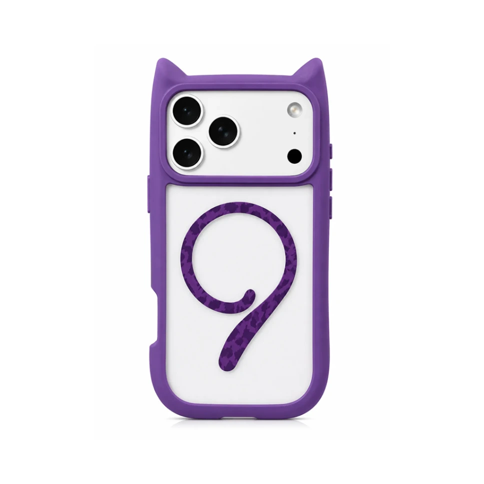 QIWANLI Clear Cat Style Rubber Drop-Protection Cover (MagSafe Compatible) For iPhone 17 Pro Max - درع موبايل شفاف بتصميم القطط من المطاط مقاوم للسقوط مع ماك سيف للايفون 17 برو ماكس (PURPLE)