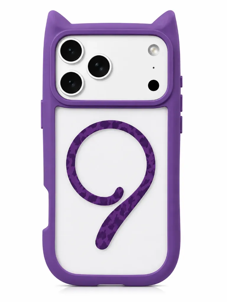 QIWANLI Clear Cat Style Rubber Drop-Protection Cover (MagSafe Compatible) For iPhone 17 Pro Max - درع موبايل شفاف بتصميم القطط من المطاط مقاوم للسقوط مع ماك سيف للايفون 17 برو ماكس (PURPLE)