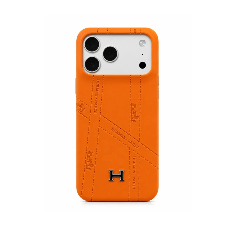 DUCATI M5-L045 Luxury Hermes Brand Drop-Protection Cover (No MagSafe) For iPhone 17 Pro Max - درع موبايل فخم من هيرمز مقاوم للسقوط بدون ماك سيف للايفون 17 برو ماكس (Orange)