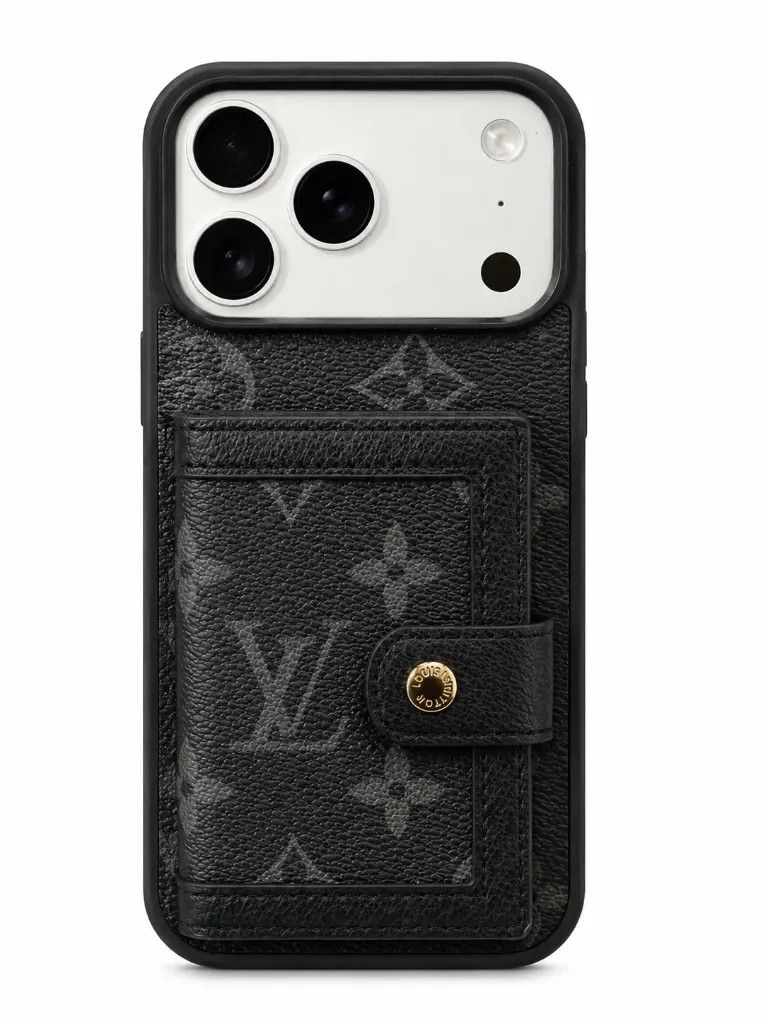 M5 TIN-001 Luxury Monogram Leather Case with Card Wallet For iPhone 17 Pro Max - درع موبايل جلدي بنقش فاخر مع حافظة للبطاقات للايفون 17 برو ماكس