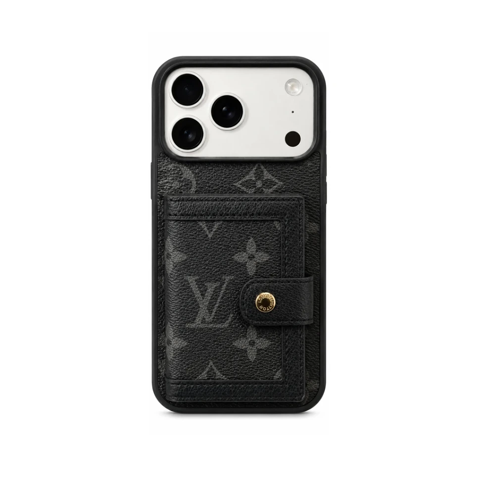 M5 TIN-001 Luxury Monogram Leather Case with Card Wallet For iPhone 17 Pro Max - درع موبايل جلدي بنقش فاخر مع حافظة للبطاقات للايفون 17 برو ماكس (Black)