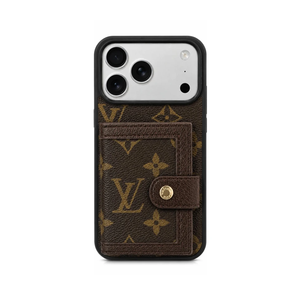 M5 TIN-001 Luxury Monogram Leather Case with Card Wallet For iPhone 17 Pro Max - درع موبايل جلدي بنقش فاخر مع حافظة للبطاقات للايفون 17 برو ماكس