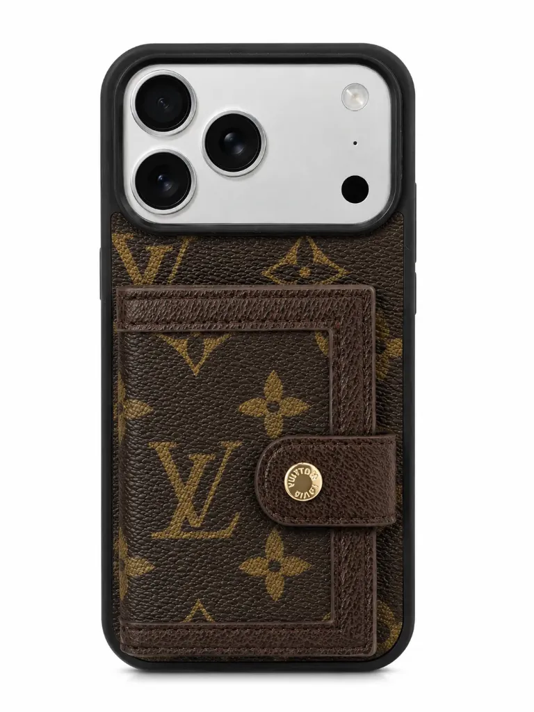 M5 TIN-001 Luxury Monogram Leather Case with Card Wallet For iPhone 17 Pro Max - درع موبايل جلدي بنقش فاخر مع حافظة للبطاقات للايفون 17 برو ماكس