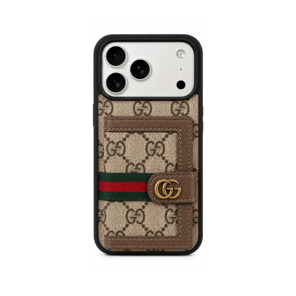 M5 TIN-001 Luxury Monogram Leather Case with Card Wallet For iPhone 17 Pro Max - درع موبايل جلدي بنقش فاخر مع حافظة للبطاقات للايفون 17 برو ماكس