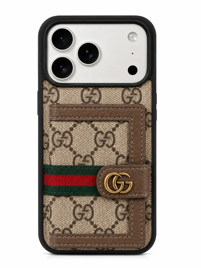 M5 TIN-001 Luxury Monogram Leather Case with Card Wallet For iPhone 17 Pro Max - درع موبايل جلدي بنقش فاخر مع حافظة للبطاقات للايفون 17 برو ماكس