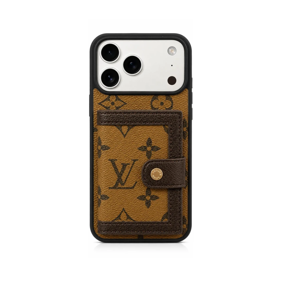 M5 TIN-001 Luxury Monogram Leather Case with Card Wallet For iPhone 17 Pro Max - درع موبايل جلدي بنقش فاخر مع حافظة للبطاقات للايفون 17 برو ماكس