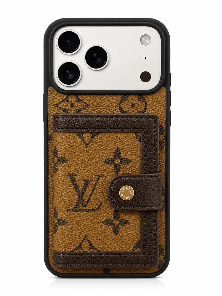M5 TIN-001 Luxury Monogram Leather Case with Card Wallet For iPhone 17 Pro Max - درع موبايل جلدي بنقش فاخر مع حافظة للبطاقات للايفون 17 برو ماكس