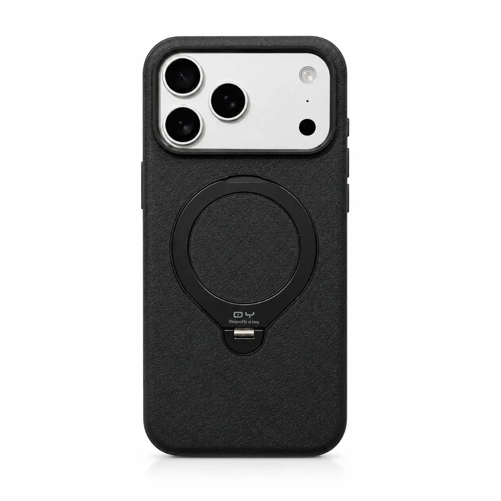 QY QY-024 Premium Leather MagSafe Case with O-Ring Stand For iPhone 17 Pro Max - درع موبايل فاخر من الجلد مع حامل حلقي للايفون 17 برو ماكس (Black)