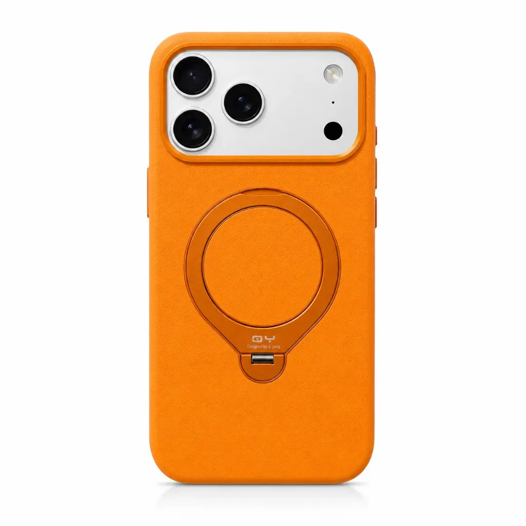 QY QY-024 Premium Leather MagSafe Case with O-Ring Stand For iPhone 17 Pro Max - درع موبايل فاخر من الجلد مع حامل حلقي للايفون 17 برو ماكس