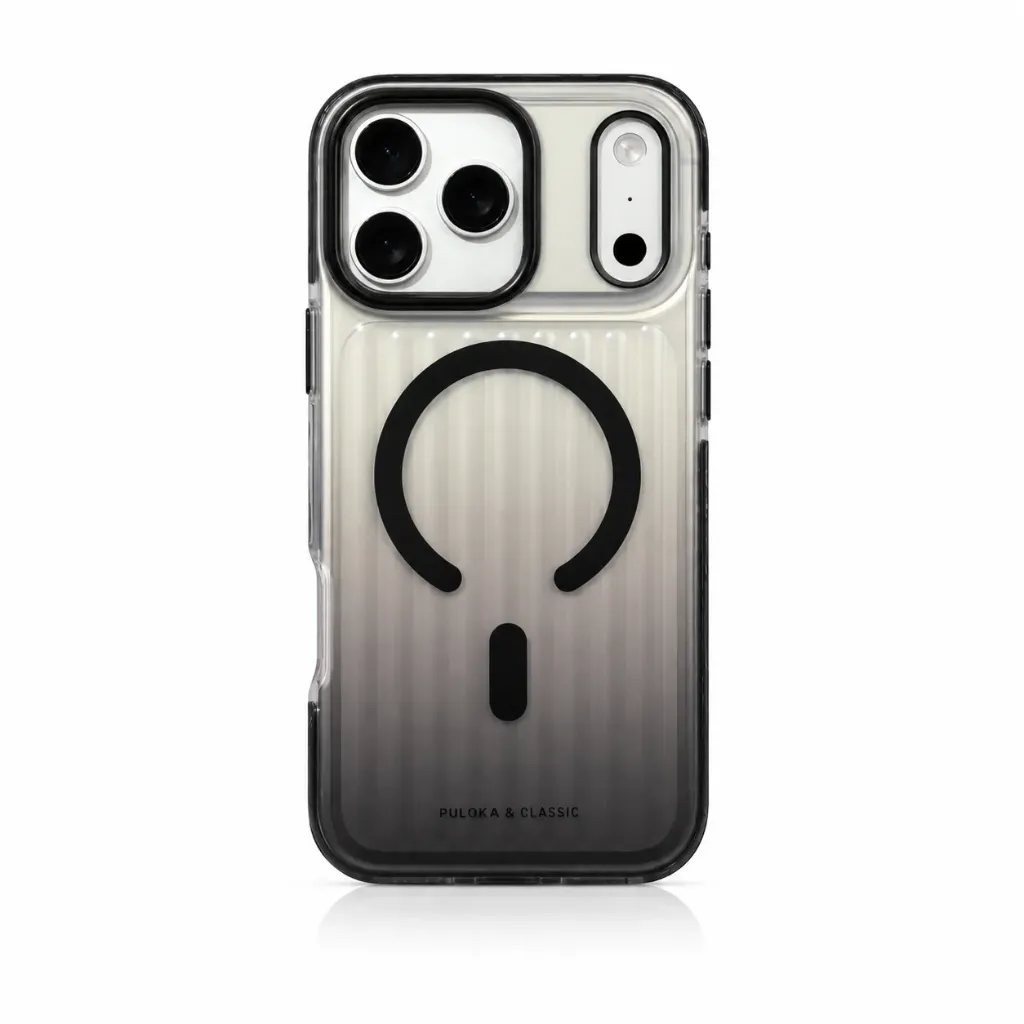 Puloka Gradient Grooved Ribbed Magnetic Cover For iPhone 17 Pro Max - درع موبايل شفاف متين مظلع متدرج الالوان مع ماك سيف للايفون 17 برو ماكس (Black)