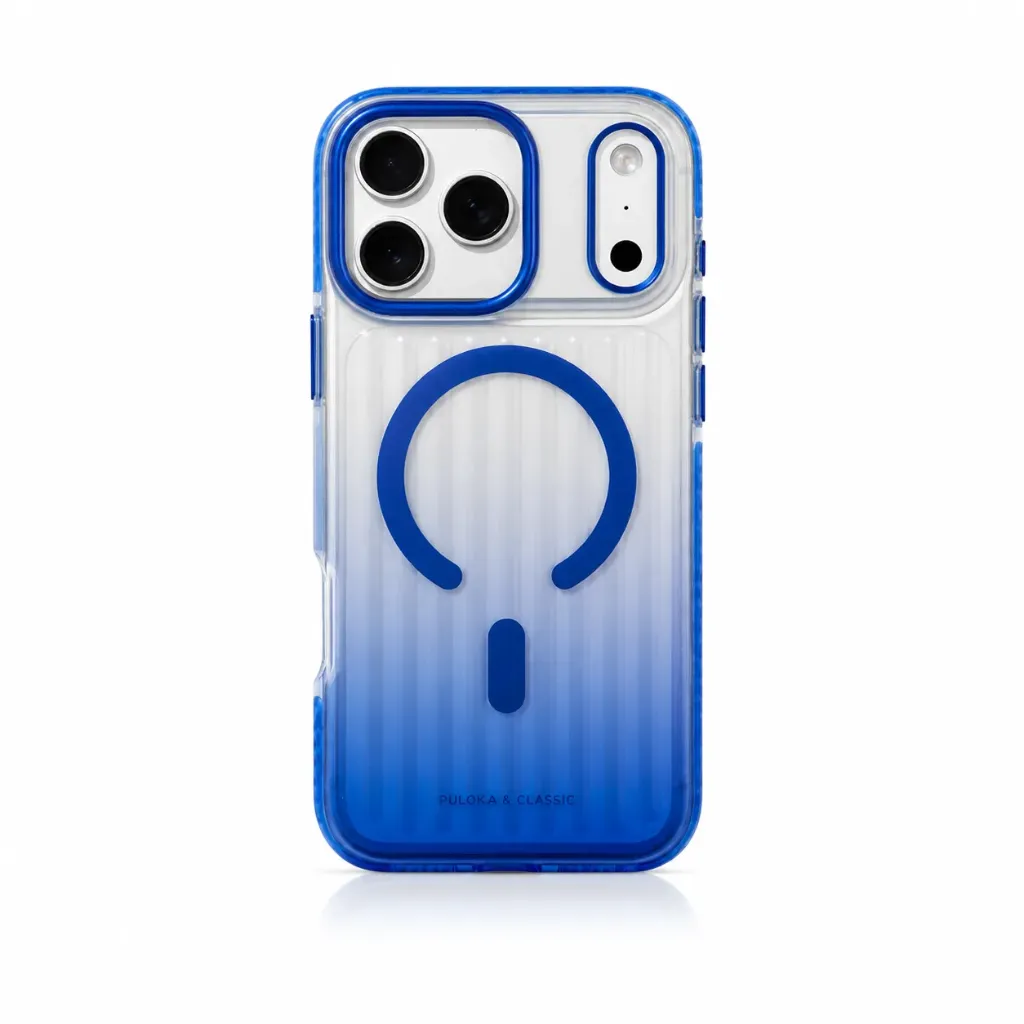Puloka Gradient Grooved Ribbed Magnetic Cover For iPhone 17 Pro Max - درع موبايل شفاف متين مظلع متدرج الالوان مع ماك سيف للايفون 17 برو ماكس