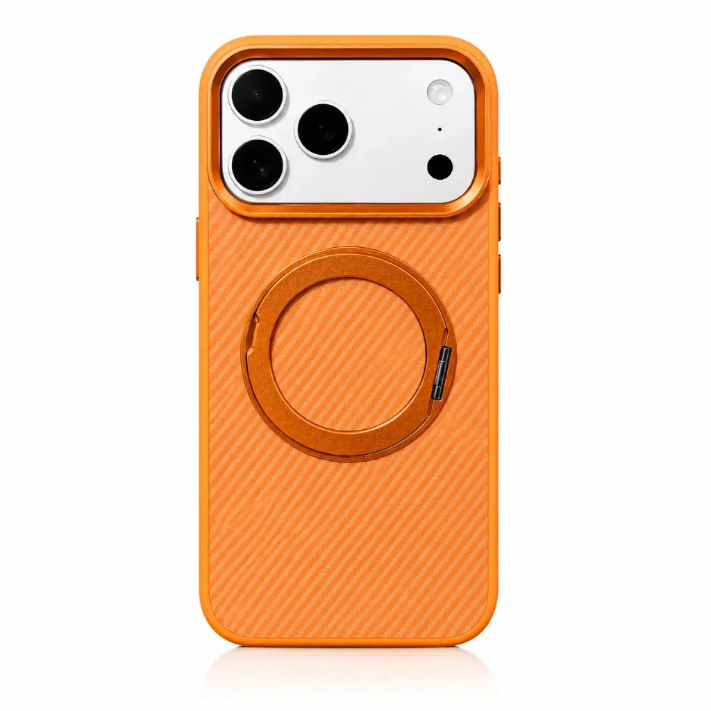 [WLO-09] AS WLO-09 Carbon Fiber Texture MagSafe Cover with 360° Rotatable Metal Ring Stand & Metallic Camera Protector For iPhone 17 Pro Max - درع موبايل من الياف الكاربون مع حامل حلقي دوار 360 درجة للايفون 17 برو ماكس