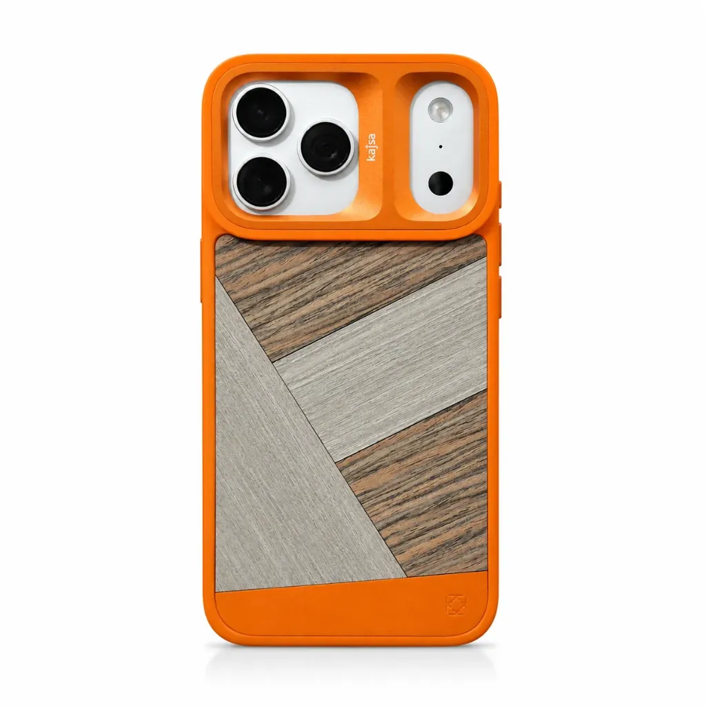 Kajsa Premium Geometric Wood Grain Cover with Sectioned Camera Protector & Shockproof Bumper Frame For iPhone 17 Pro Max - درع موبايل ذو تصميم هندسي خشبي مع واقي كاميرا مقسم مقاوم للصدمات للايفون 17 برو ماكس