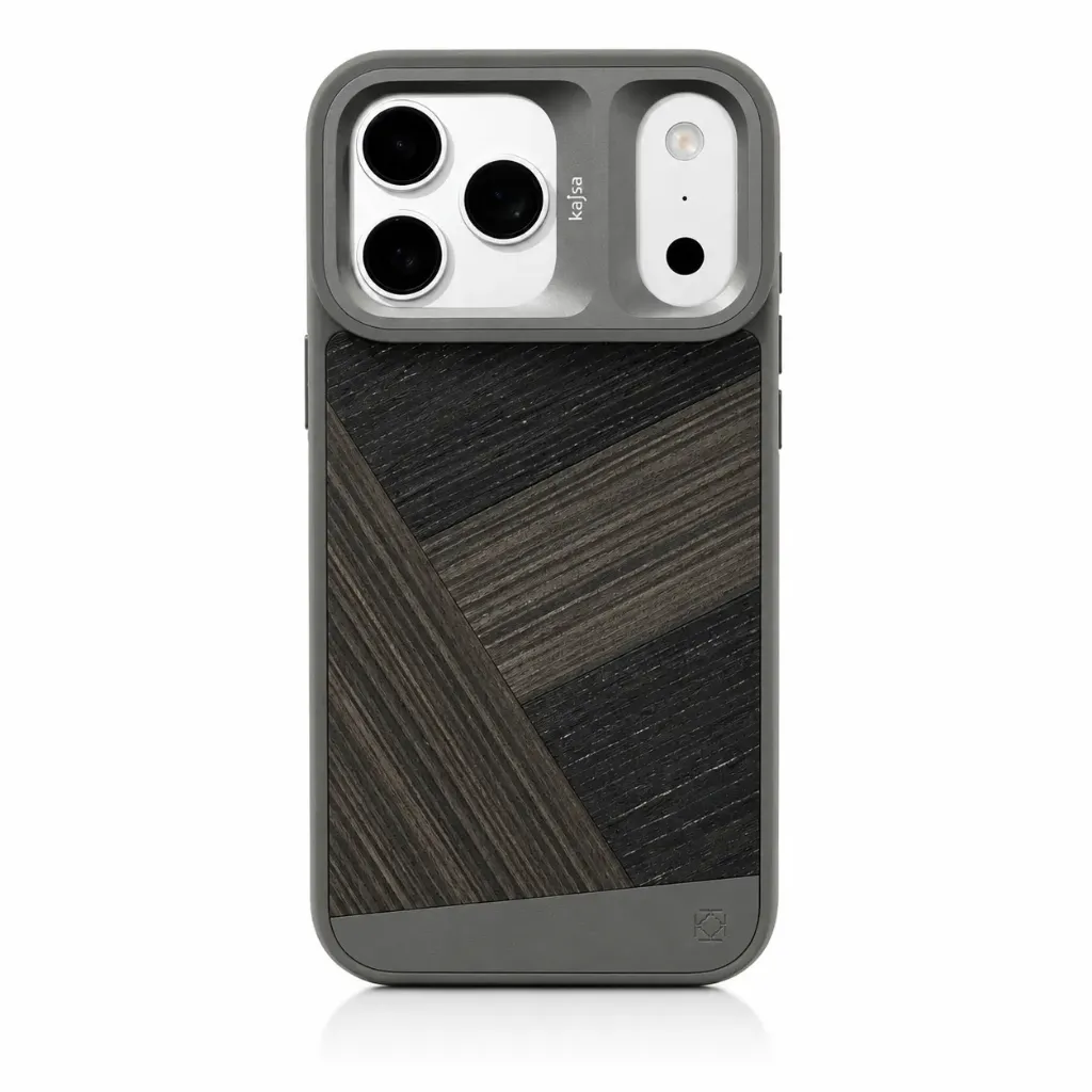 Kajsa Premium Geometric Wood Grain Cover with Sectioned Camera Protector & Shockproof Bumper Frame For iPhone 17 Pro Max - درع موبايل ذو تصميم هندسي خشبي مع واقي كاميرا مقسم مقاوم للصدمات للايفون 17 برو ماكس (Black)