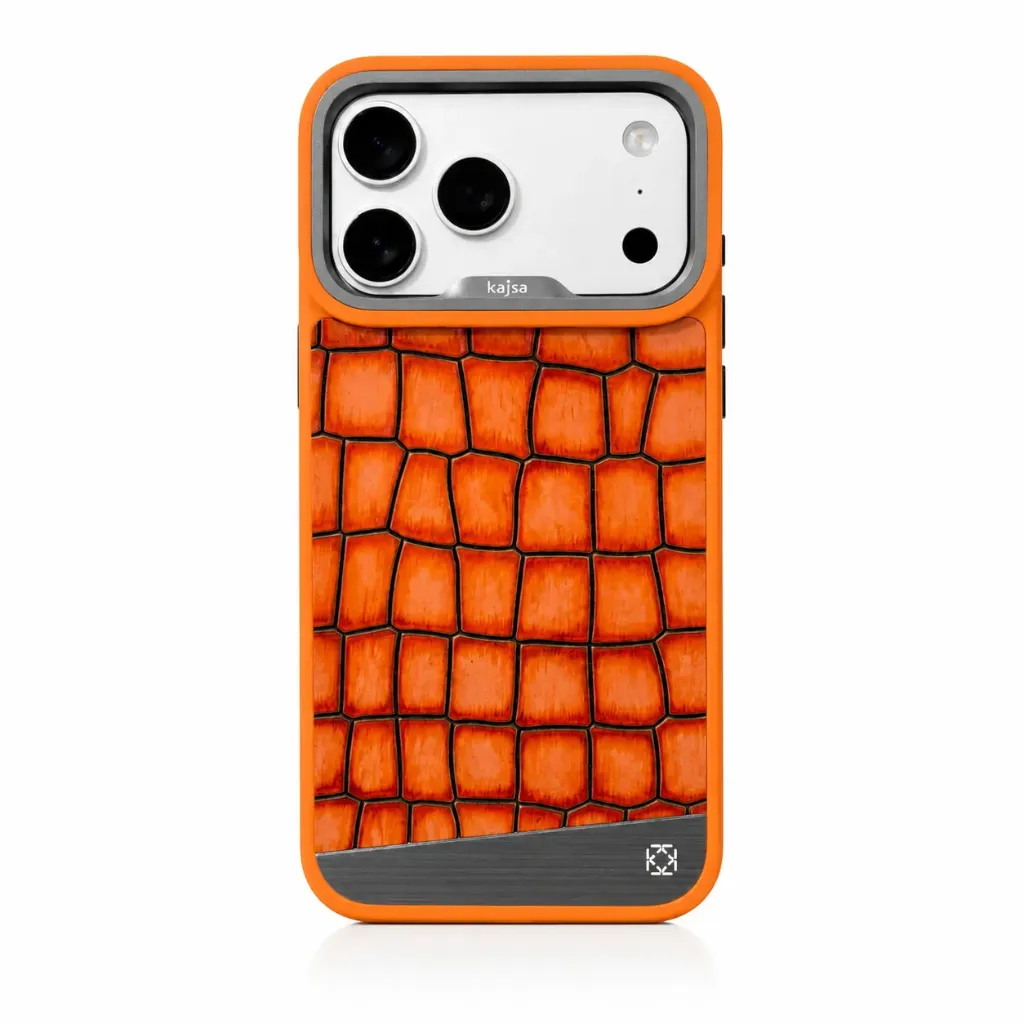 Kajsa Premium Crocodile Texture Leather Cover with MagSafe & Metallic Camera Frame For iPhone 17 Pro Max - درع موبايل بنقشة جلد التمساح الفاخرة مع ماك سيف وإطار كاميرا معدني للايفون 17 برو ماكس