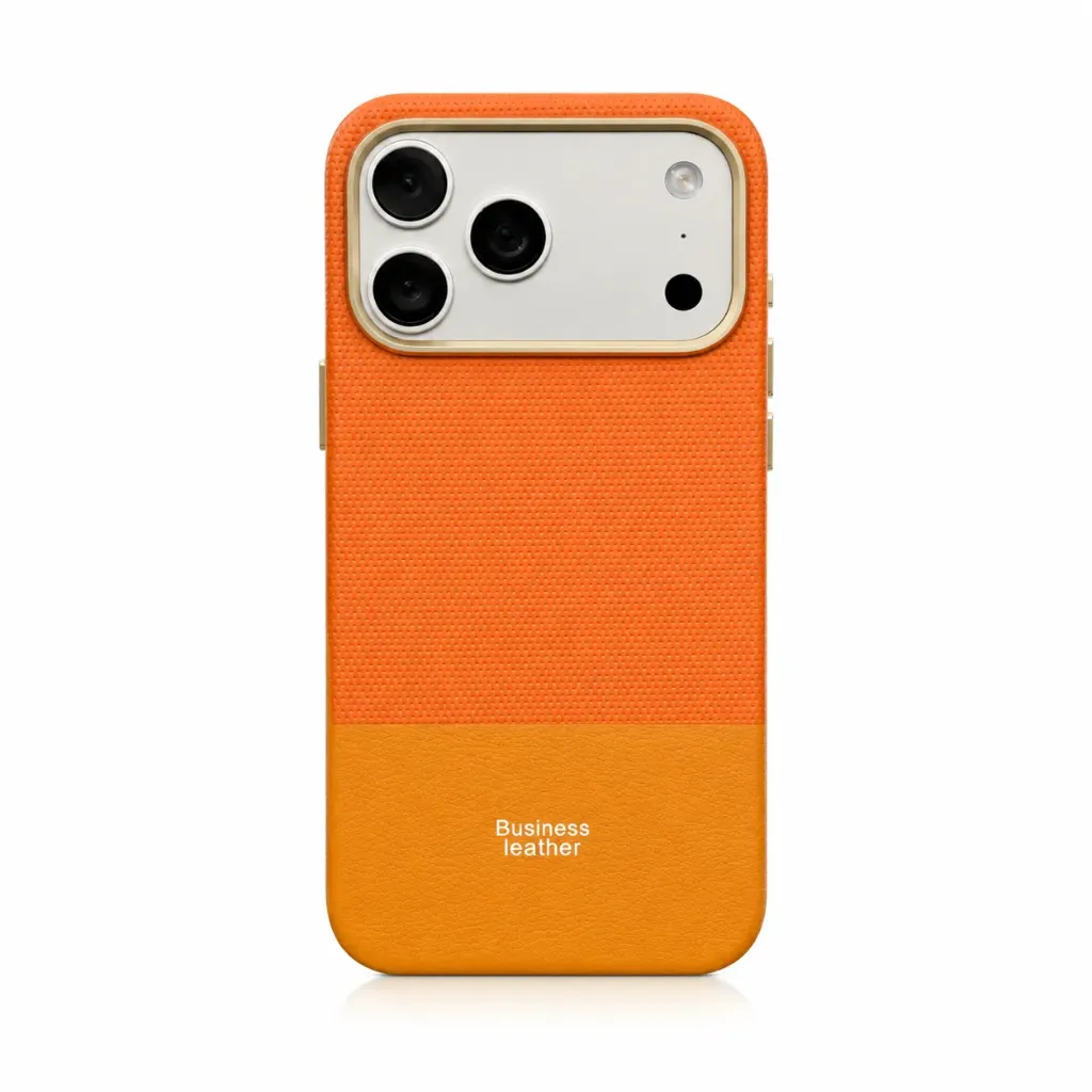 M5 M5-R048 Business Leather Dual-Texture Cover with Metallic Camera Frame (MagSafe Included) For iPhone 17 Pro Max - درع موبايل جلدي للأعمال بنقشتين مختلفتين مع إطار كاميرا معدني للايفون 17 برو ماكس