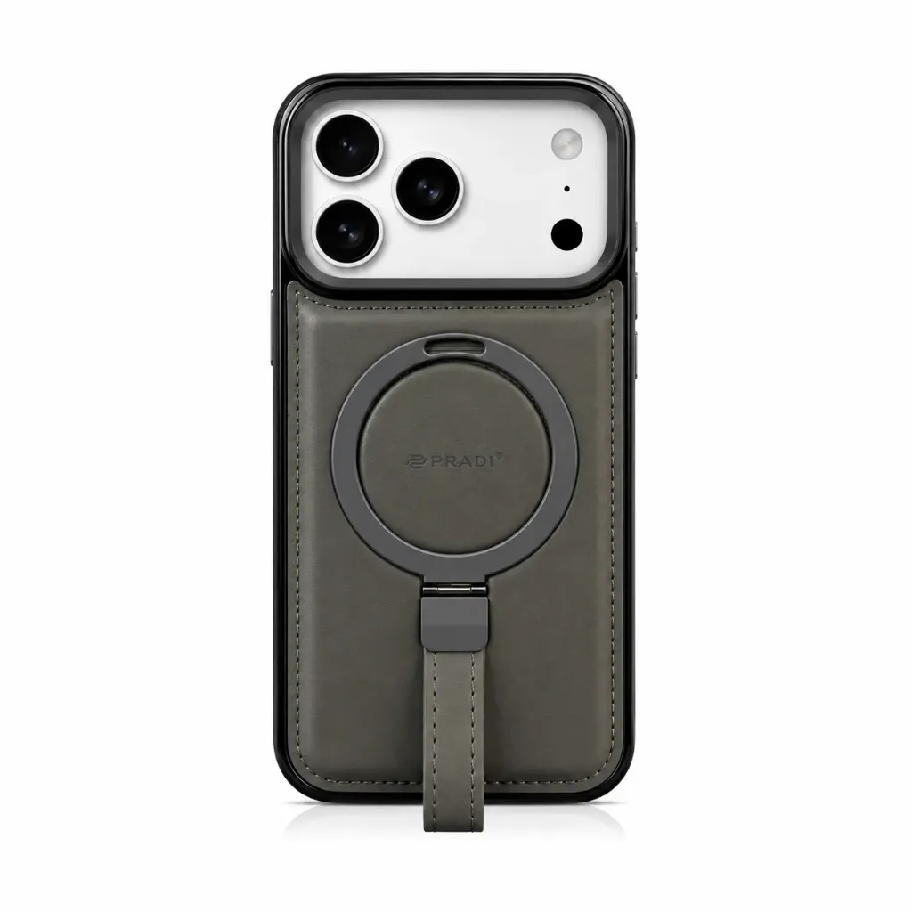 PRADI Premium Leather MagSafe Cover with Multi-Functional Ring Stand & Hand Strap For iPhone 17 Pro Max - درع موبايل جلدي فاخر مع ماك سيف وستاند حلقي مدمج وحزام يد للايفون 17 برو ماكس (Gray)