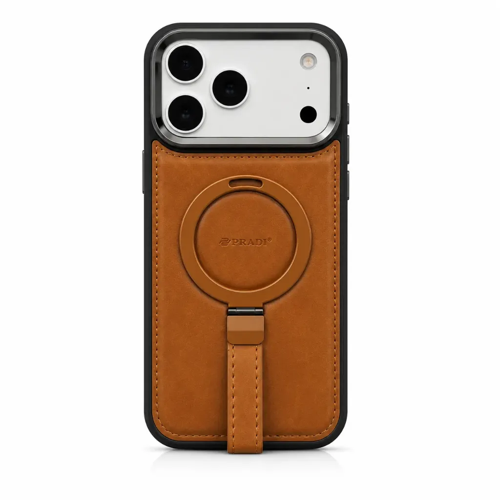 PRADI Premium Leather MagSafe Cover with Multi-Functional Ring Stand & Hand Strap For iPhone 17 Pro Max - درع موبايل جلدي فاخر مع ماك سيف وستاند حلقي مدمج وحزام يد للايفون 17 برو ماكس